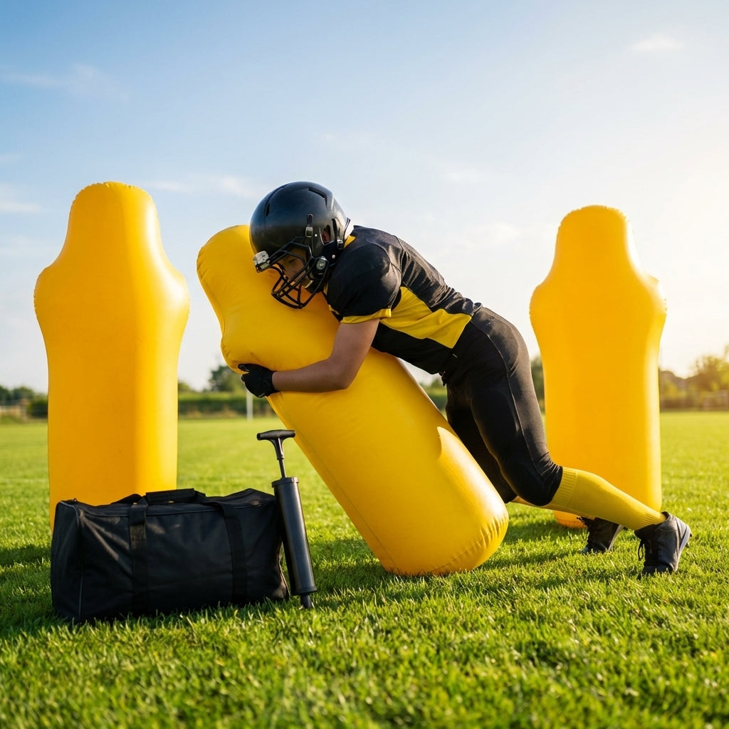 High-visibility American football training dummies in yellow PVC