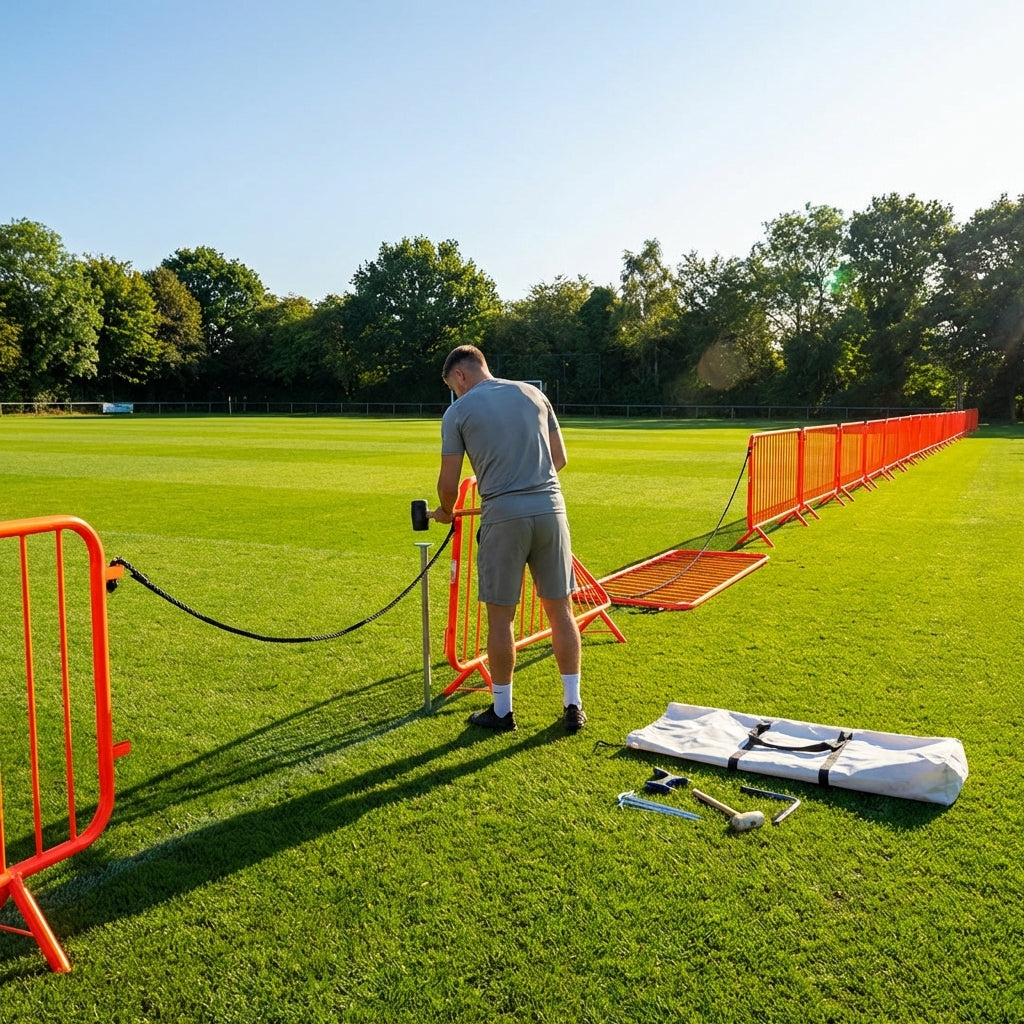 Football crowd control barrier with PVC poles for outdoor use