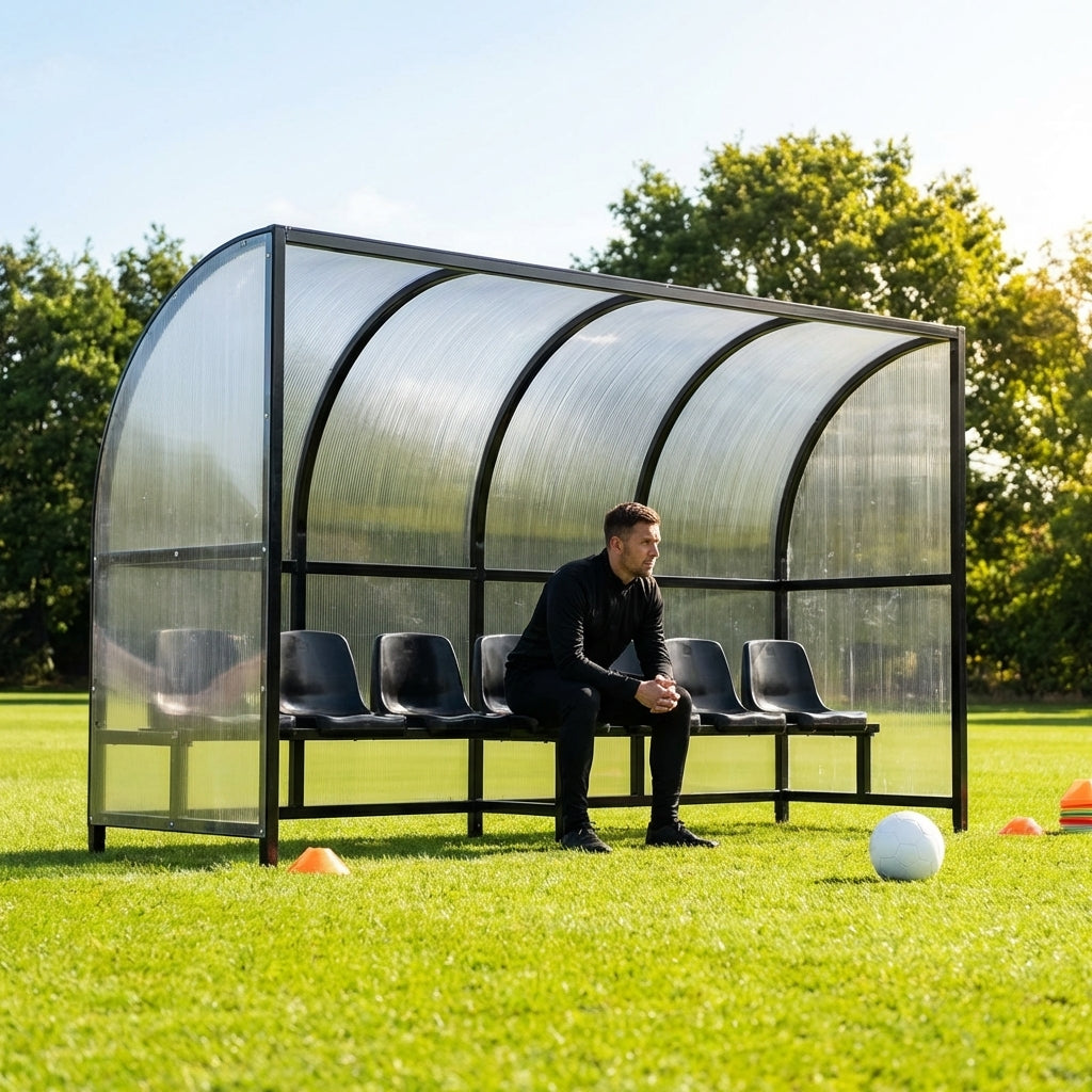 Heavy duty aluminium team shelter with moulded seats
