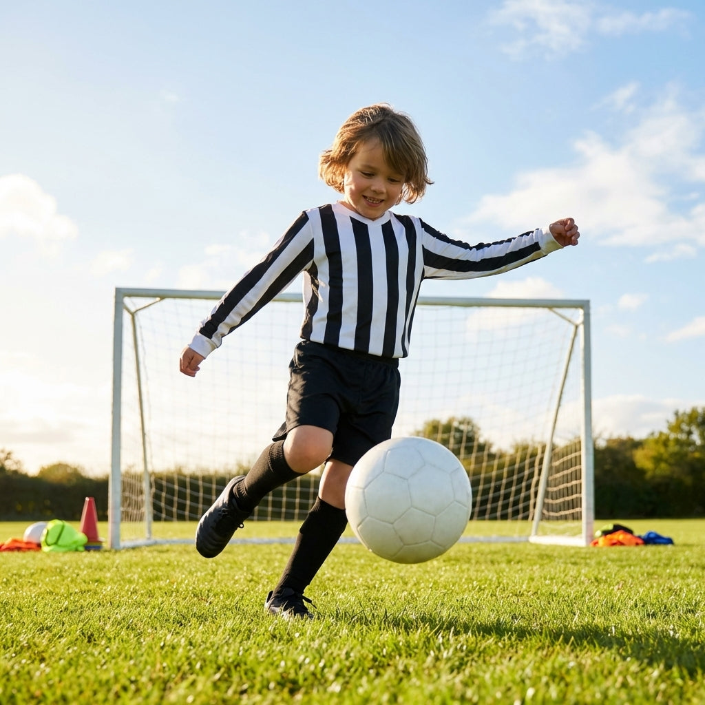 Kids' football kit with striped long sleeve shirt, shorts, and knee-high socks
