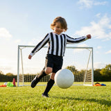 Kids' football kit with striped long sleeve shirt, shorts, and knee-high socks