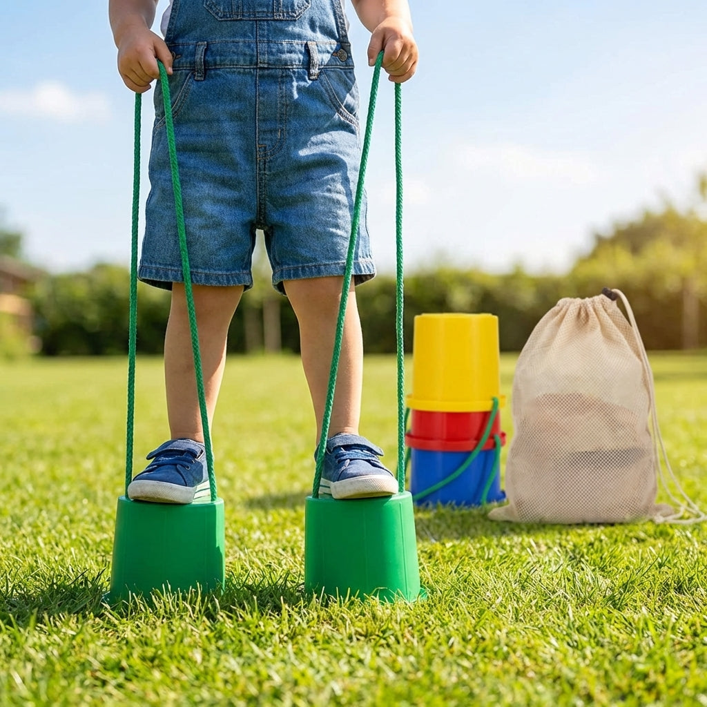 Kids bucket stilts in vibrant colours for indoor and outdoor play