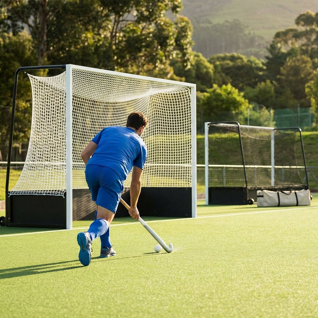 Aluminium hockey goal with HDPE net, 12ft x 7ft, for tournament use