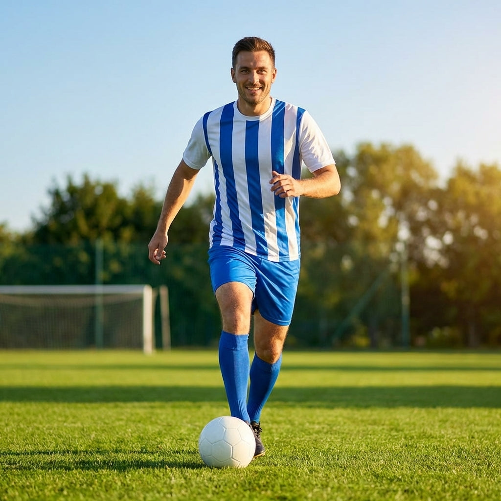 Men's striped football kit with shirt, shorts, and socks