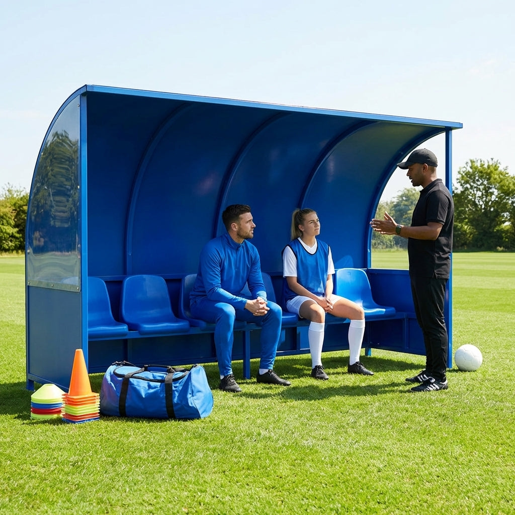 Heavy duty aluminium team shelter with moulded seats