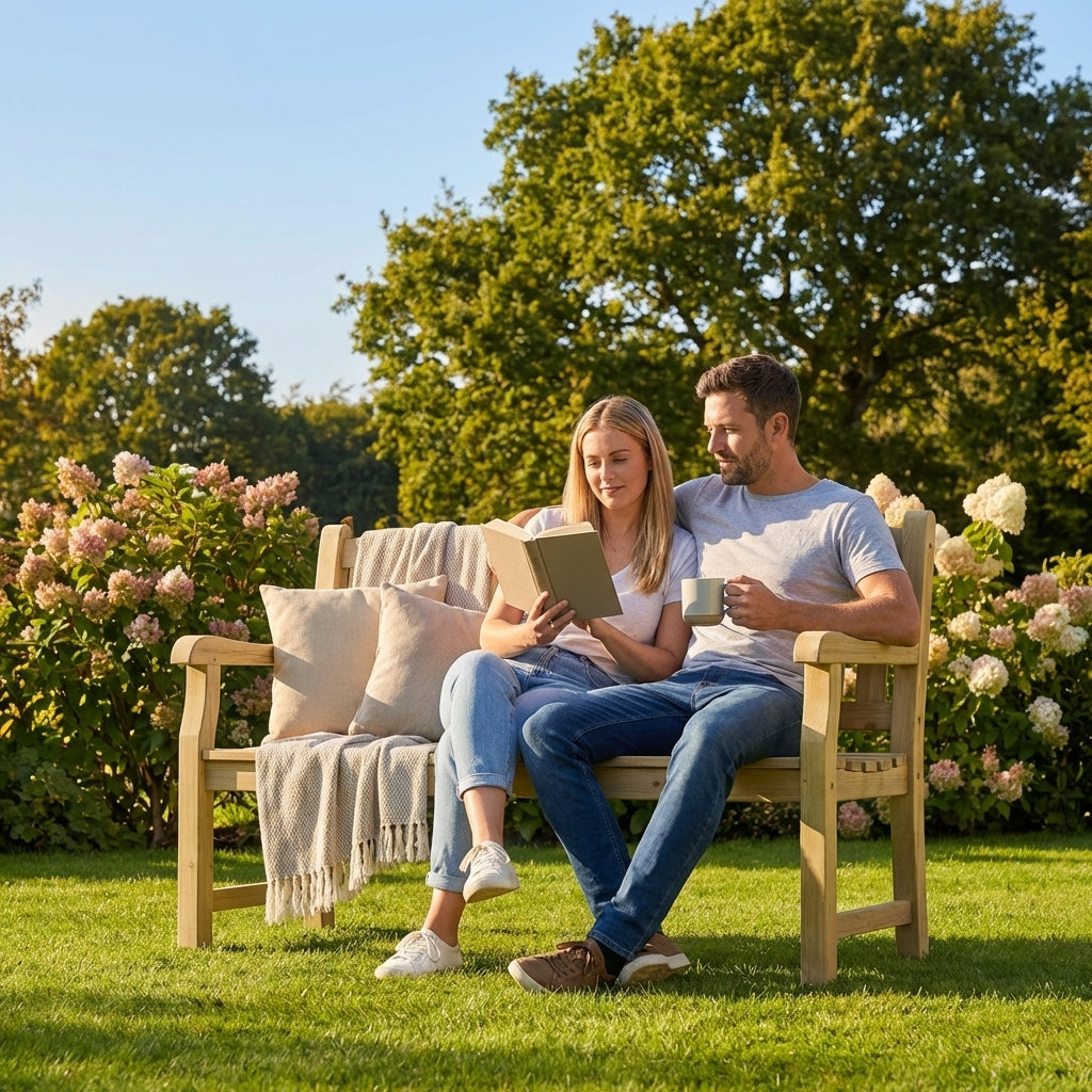 Wooden garden bench with natural finish, suitable for outdoor use
