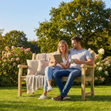 Wooden garden bench with natural finish, suitable for outdoor use