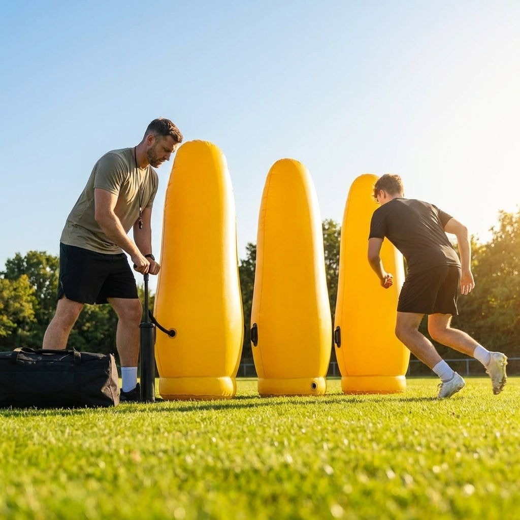 High-visibility American football training dummies in yellow PVC