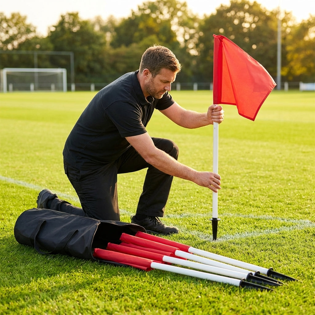 Football corner flag set with bright nylon flags and PVC poles