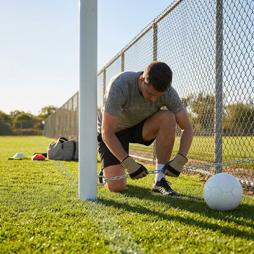 Galvanised steel goal anchor chains securing sports goals