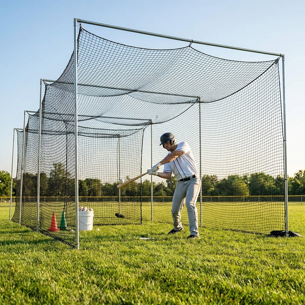 Baseball Batting Cage Net in black, 55ft length, durable for outdoor training
