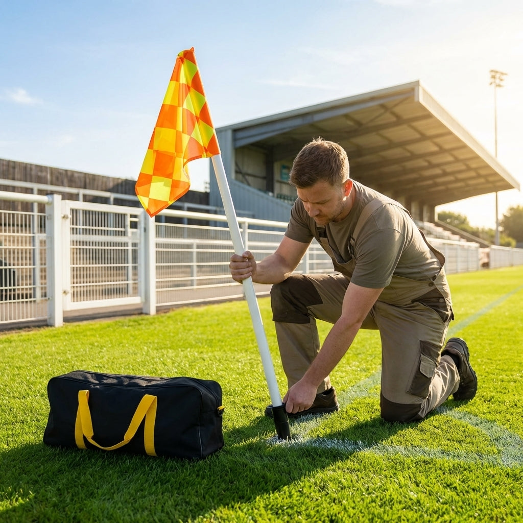 Football corner poles with fluro yellow/orange flags