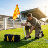 Football corner poles with fluro yellow/orange flags
