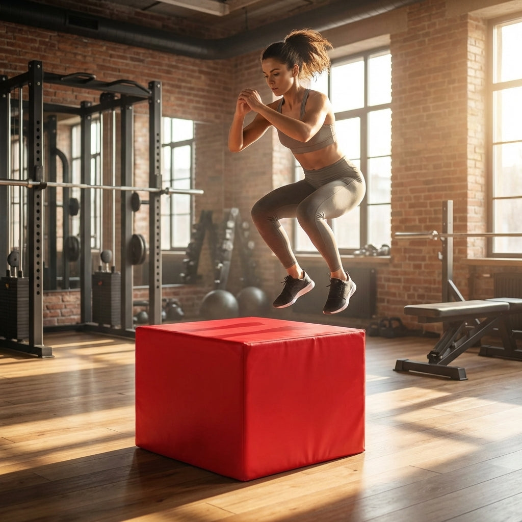 Plyometric jump boxes in various colours and heights for gym workouts