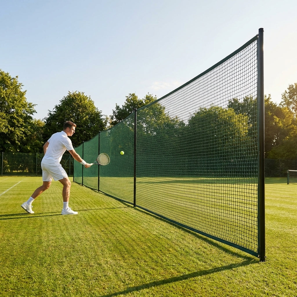 Removable tennis court surround system with steel posts and HDPP netting