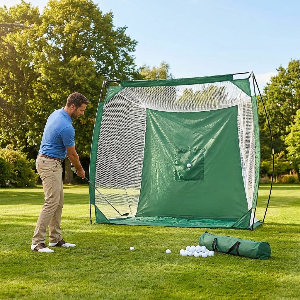 Pop-Up Golf Net for practice, available in two sizes, made from durable polyester.