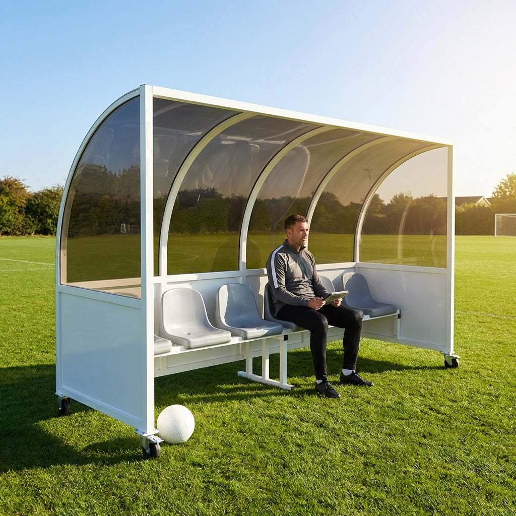 Mobile team shelter with aluminium frame for sports pitches