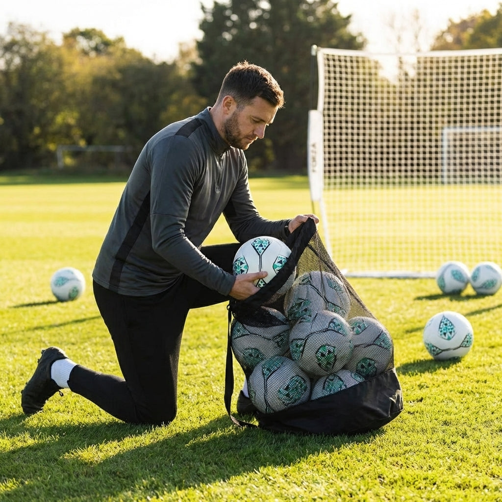 Football carry bag with 12 footballs, durable mesh