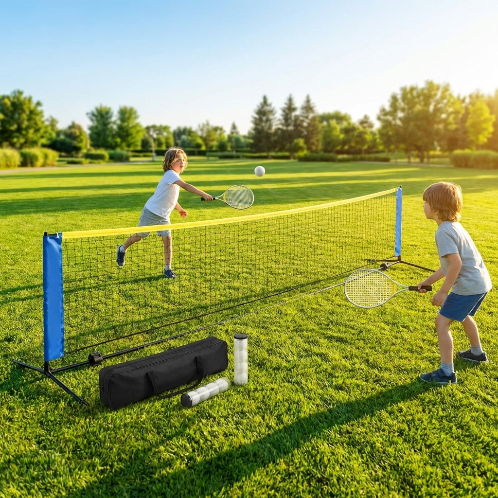 Mini Tennis Net Set with rackets and balls, perfect for backyard and club use
