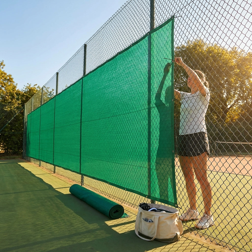 Green Tennis Court Windbreaks on an outdoor tennis court