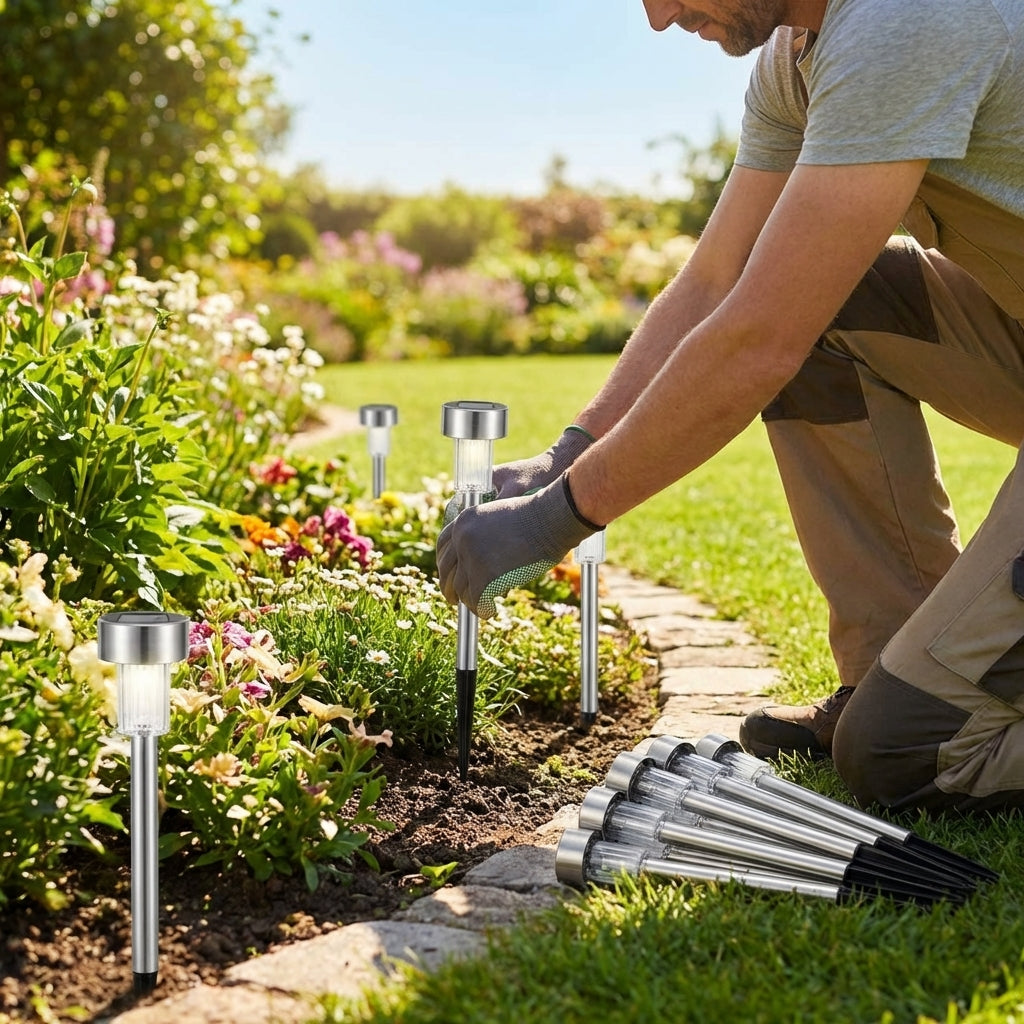 Solar-powered garden lights in black and silver, outdoor pathway lighting