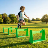 Adjustable foam hurdles in red, yellow, green, and blue for young athletes