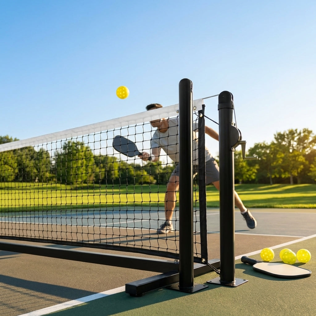 Pickleball posts with base plates in blue, black, and green for club use