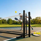 Pickleball posts with base plates in blue, black, and green for club use