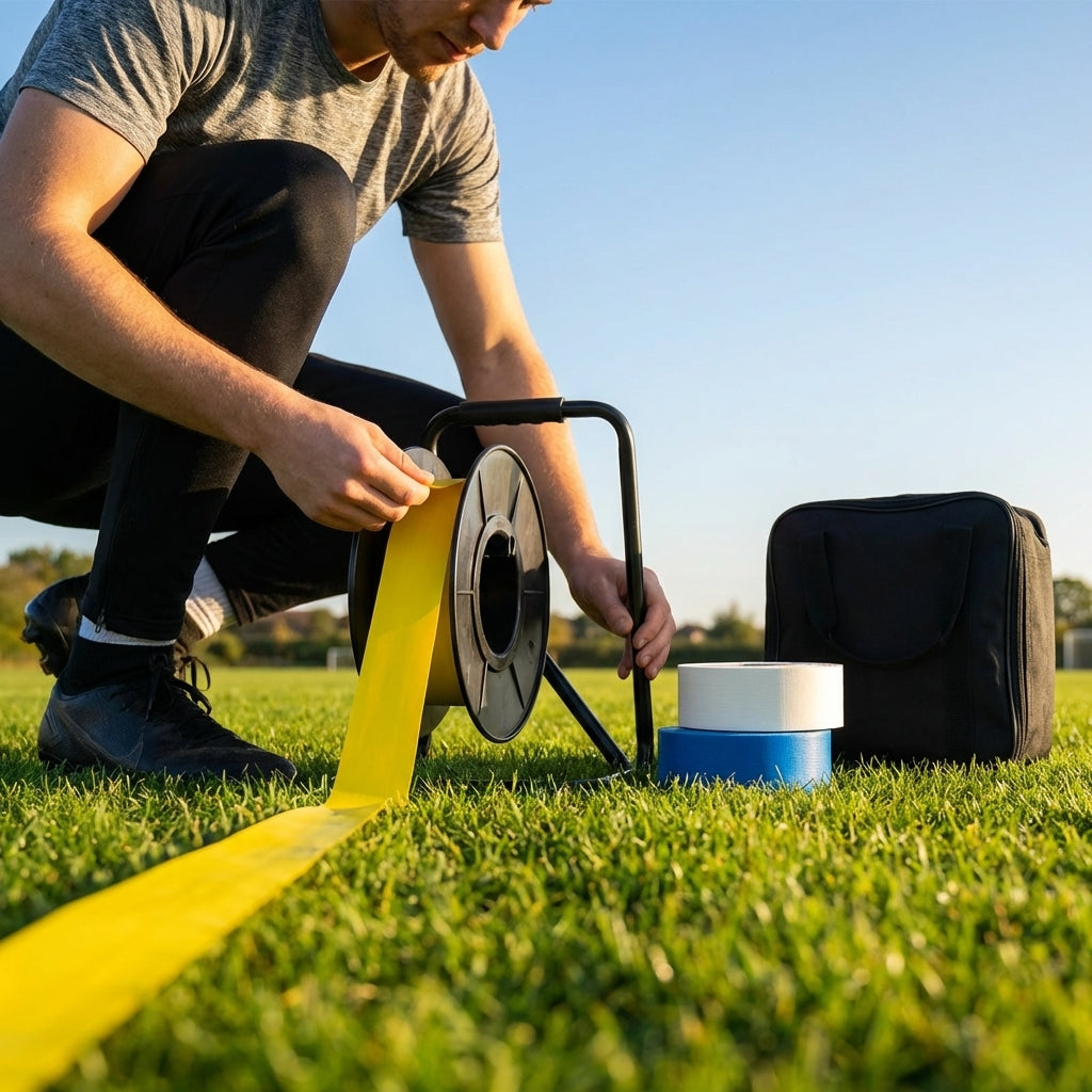 Elastic line marking tape in white, yellow, and blue for sports pitches