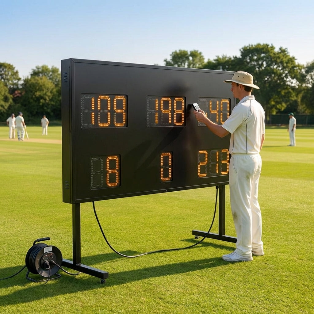 Electronic cricket scoreboard with bright LED display