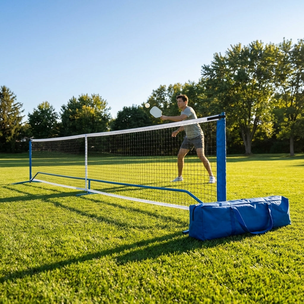 Portable pickleball net with steel frame and polyester netting