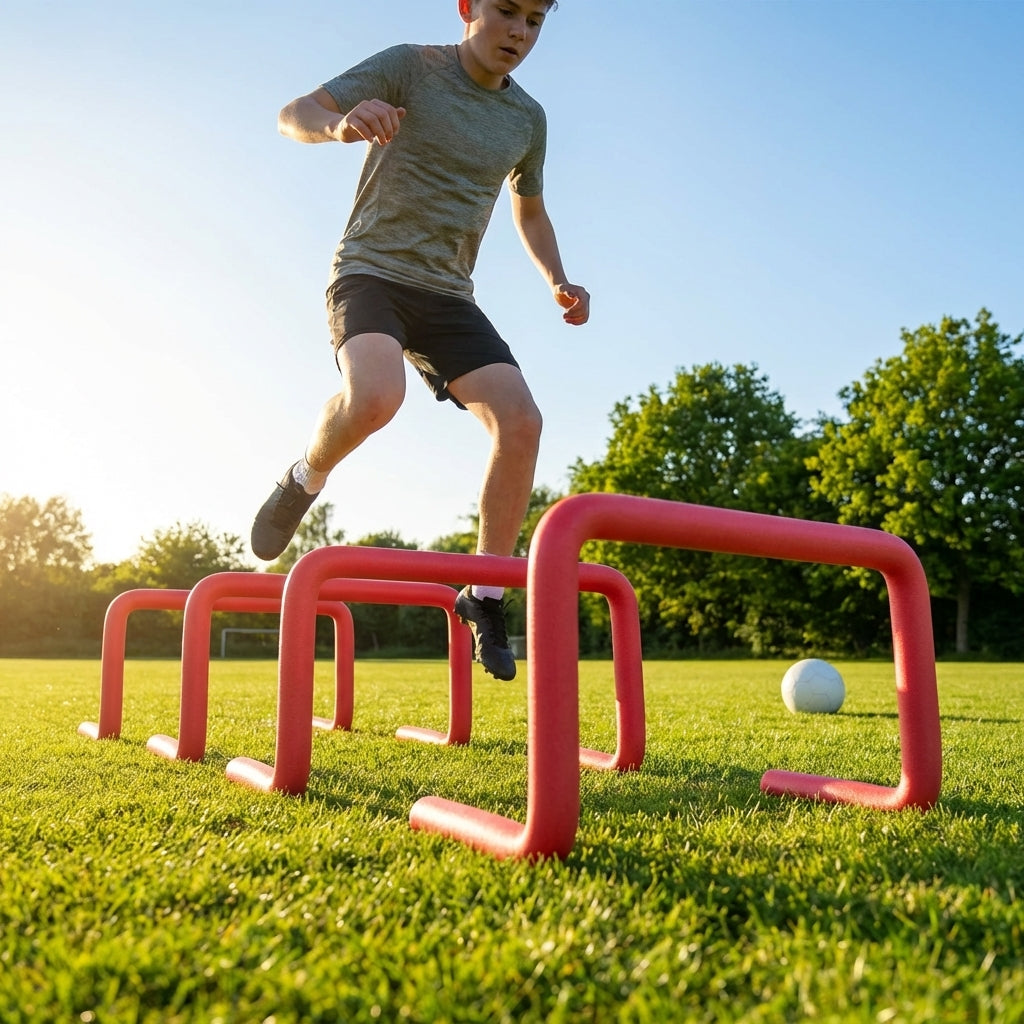 Adjustable foam hurdles in red, yellow, green, and blue for young athletes