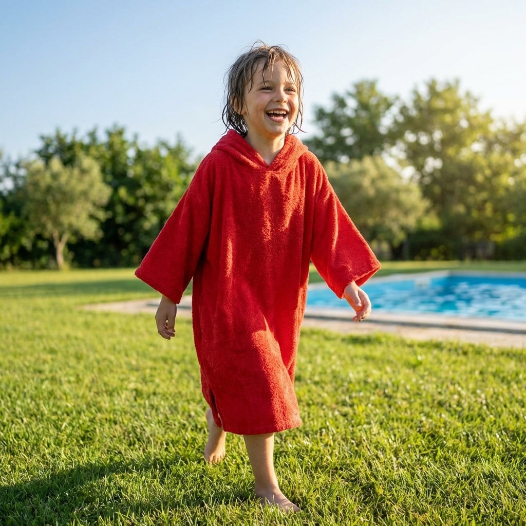 Cotton Towel Poncho in Red, Aqua Blue, and Black for Beach and Pool Use