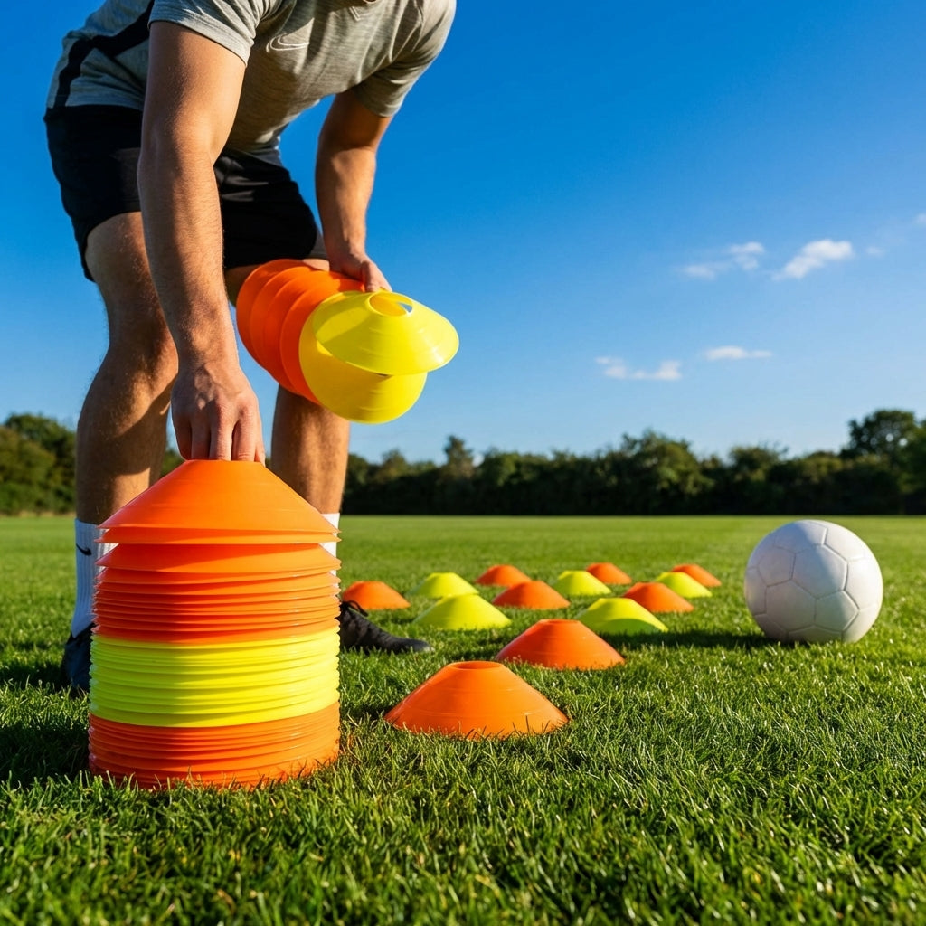 Colourful training marker cones for sports fields