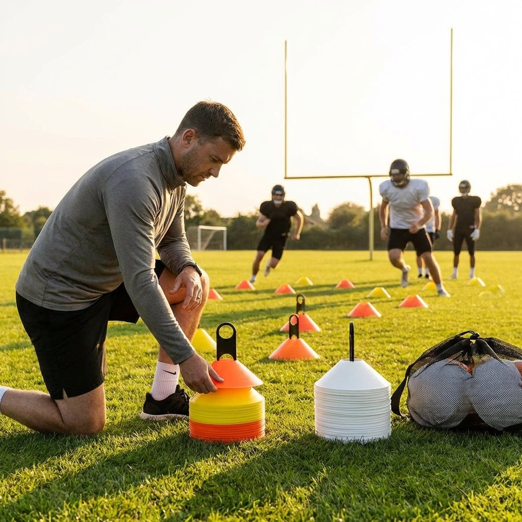 Training marker cones in vibrant colours for sports training