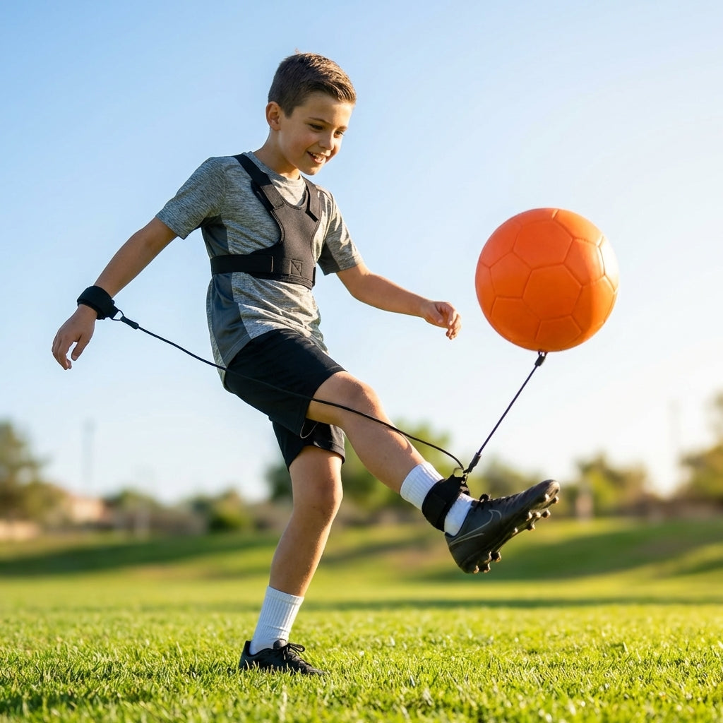 Football kick trainer with adjustable neoprene belt and training ball