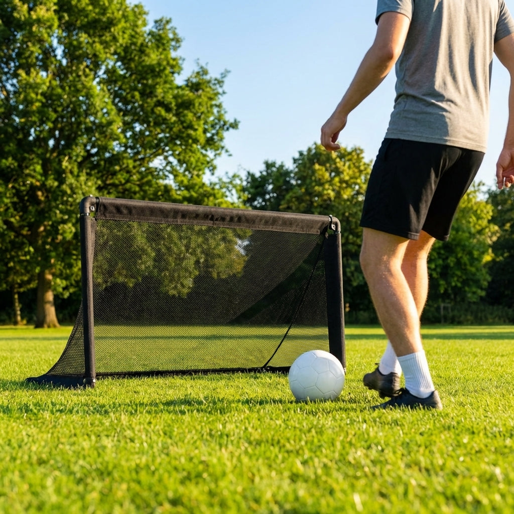 Folding football goal with aluminium frame and high-impact net