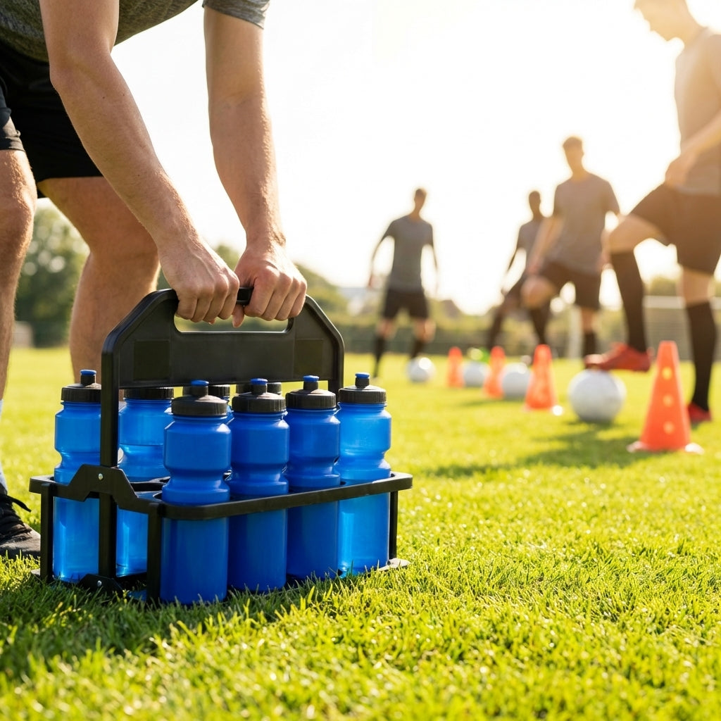 Set of 10 BPA-free 750ml sports water bottles with foldable carrier