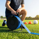 Elastic line marking tape in white, yellow, and blue for sports pitches