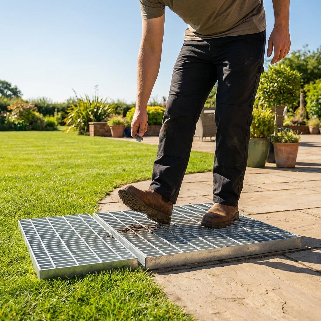 Galvanised steel foot grate for sports pitches and courts