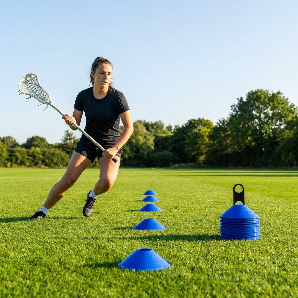 Lacrosse training marker cones in various vibrant colours