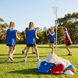 Netball Bibs in red and blue, available for kids, juniors, and seniors