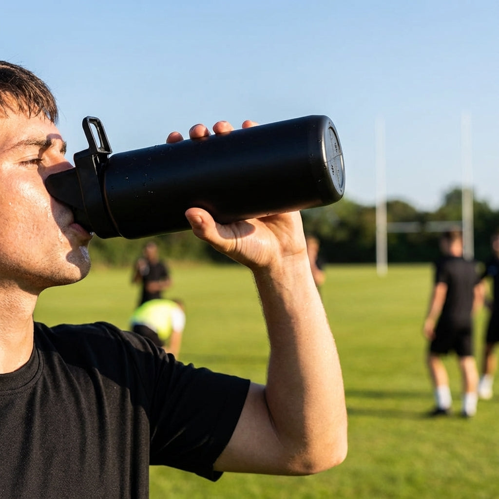 Hygienic water bottle with contactless nozzle for sports use