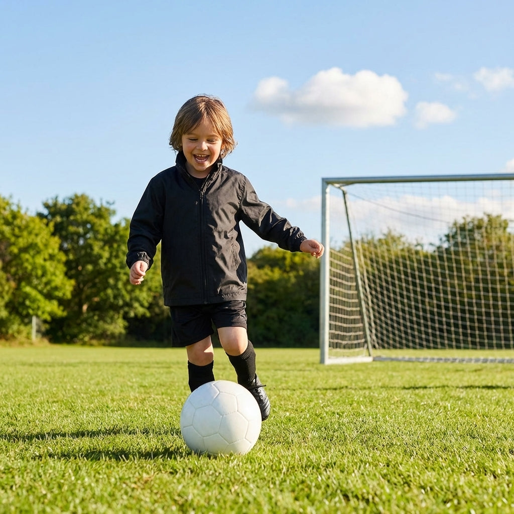 Kids' windbreaker jacket in black and navy for outdoor and sports use
