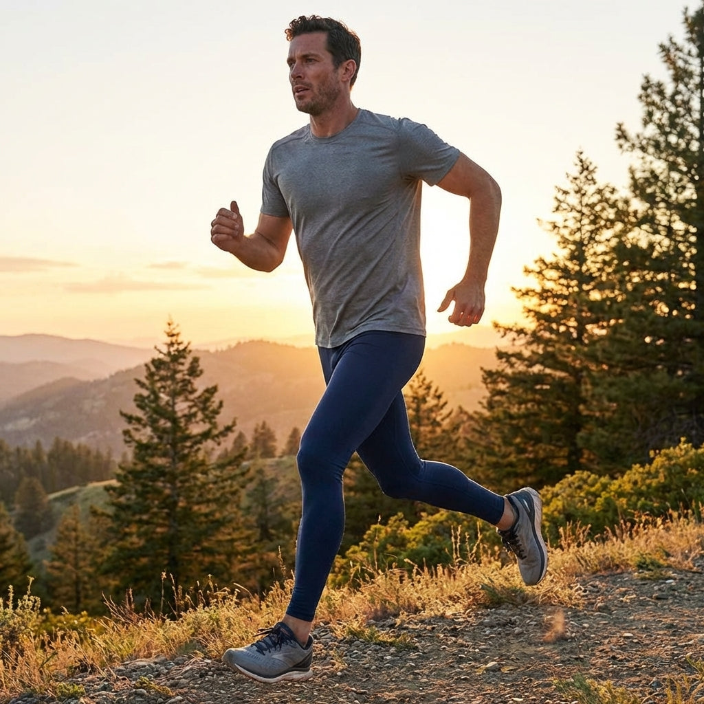 Men's compression base layer leggings in black, royal blue, and navy blue